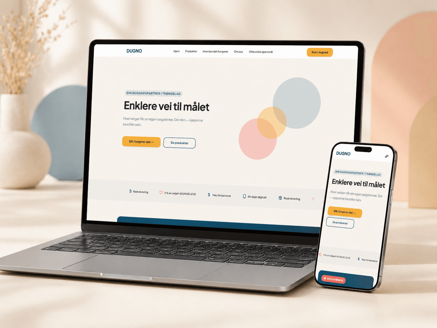 Nettsiden til Dugno, vist på laptop og mobil