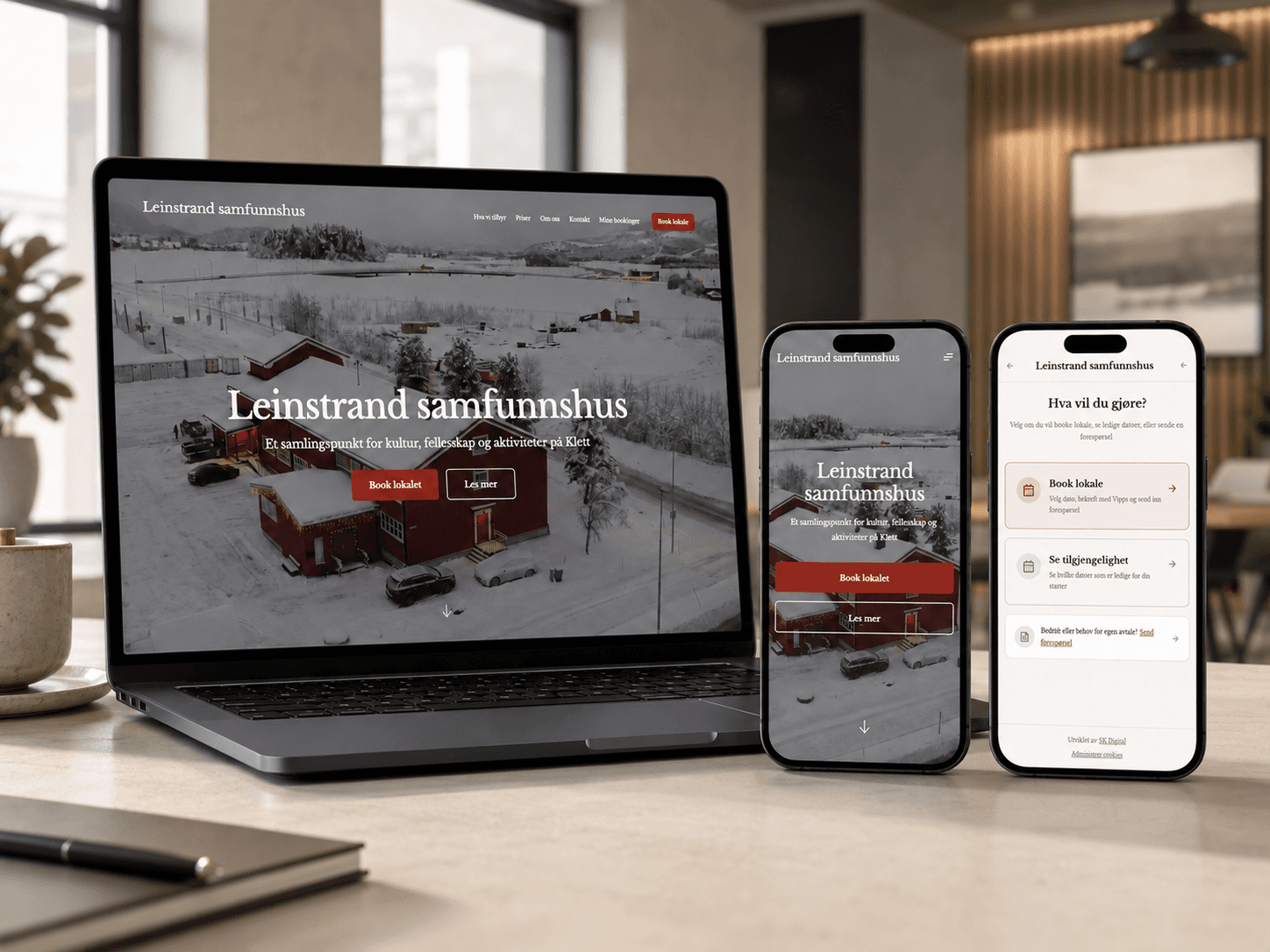 Nettsiden til Leinstrand Samfunnshus, vist på laptop og mobil